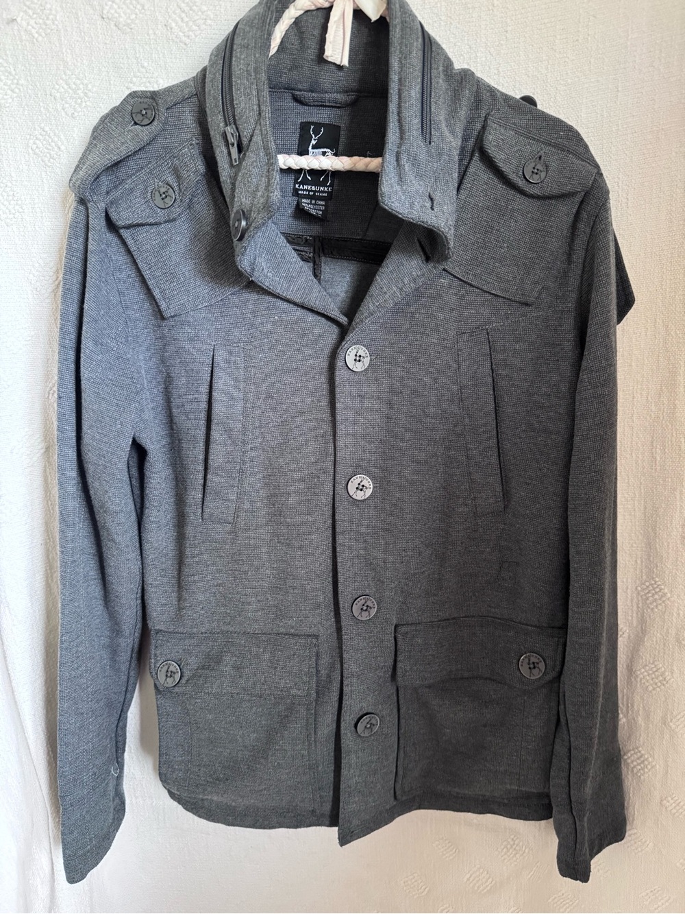 Kane & Unke Jacket Mens Medium Button Hood Military Style 8 Front Pockets